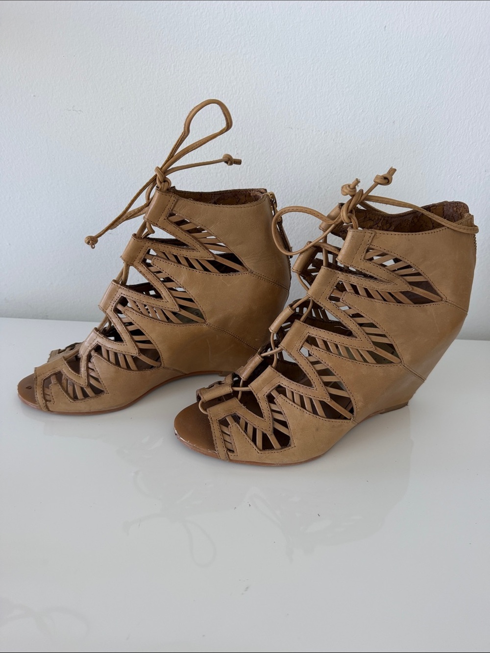 Dolce Vita Tan Cutout Lace-Up Wedge Sandals
